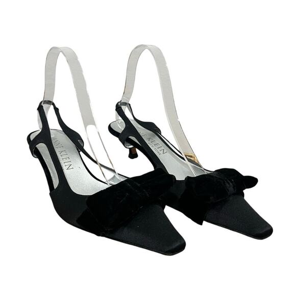 Anne Klein Shoes - Anne Klein Vintage Slingback Heels 8.5 Black Satin Bow Kitten Made in Italy